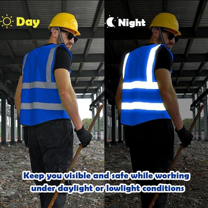 10 Pack Mesh Safety Vest Custom Logo Class2 High Visibility Reflective Vest with 5 Pockets Construction Security Work Vest ANSI/ISEA Standards（Blue，3XL ）