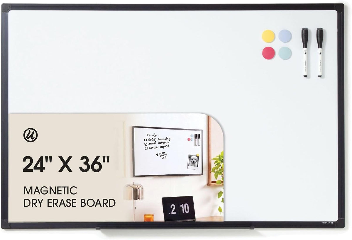 U Brands 24" x 36" Magnetic White Board with Markers, Black Metal Frame