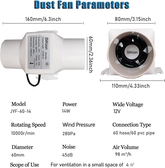 Small Inline Duct Fan 12V 2.36 Inch 60Mm Ventilation Exhaust Booster 14W 58 Cfm