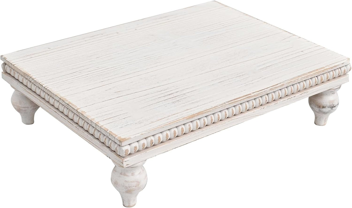 SwallowLiving Farmhouse Wood Riser for Display Decorative, Rustic Shabby Chic Tray for Kitchen Counter, Coffee Bar Table, Dining Room, Wooden Rectangle Beaded Pedestal Stand for Food, White