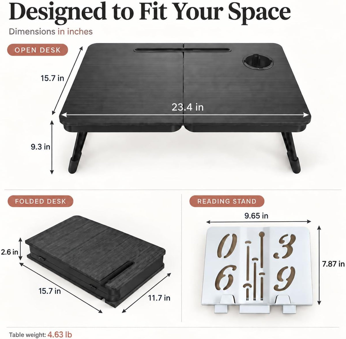BUYIFY 23.4" Foldable Lap Desk Bed Table with Reading Stand Portable Tray