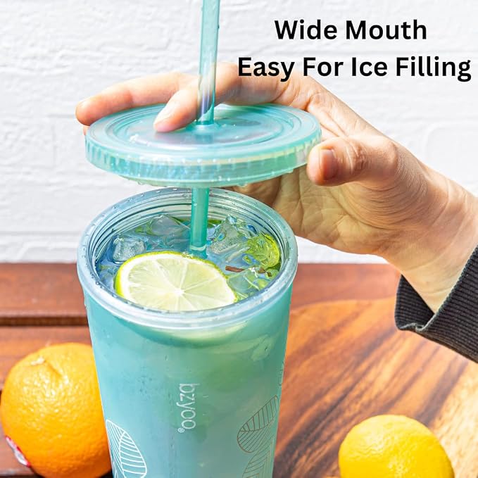 bzyoo 24oz Plastic Tumbler Cup, Lid & Straw, Iced Coffee, Pearl Green Leaf