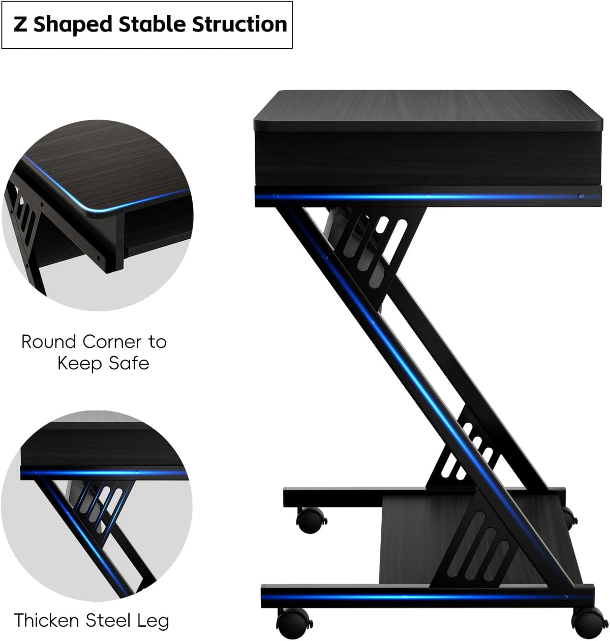 Zenira 24-Inch Small Computer Desk, Z Shape Laptop Desk Cart on Wheels