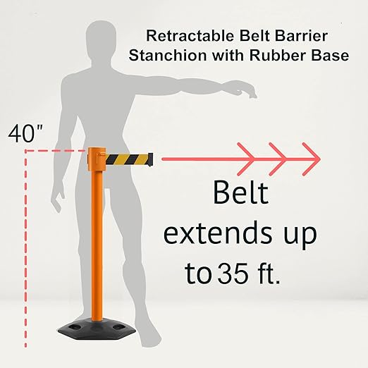 Montour Line MSR760 Set of 2 Retractable Belt Barrier Stanchion, Rubber Base, Orange Post (35 ft Black & Yellow Diagonal Belt)