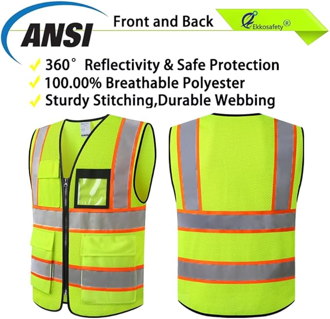 High Visibility Reflective Safety Vest for Men Women with 8 Pockets and Zipper Front,Meets ANSI/ISEA Standards(EKH1-Yellow-XL)