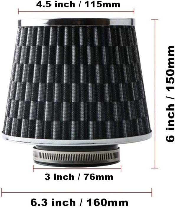 Universal Clamp-On Cold Intake Cone Air Filter 3", Washable Filter, High Flow