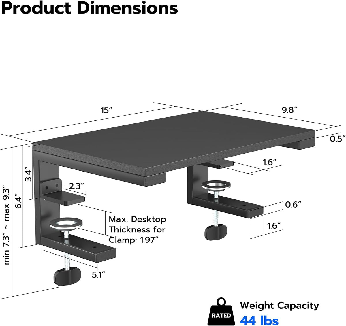 ARES WING Clamp-On Desk Extender Monitor Shelf, 15x9.8 up to 44lbs