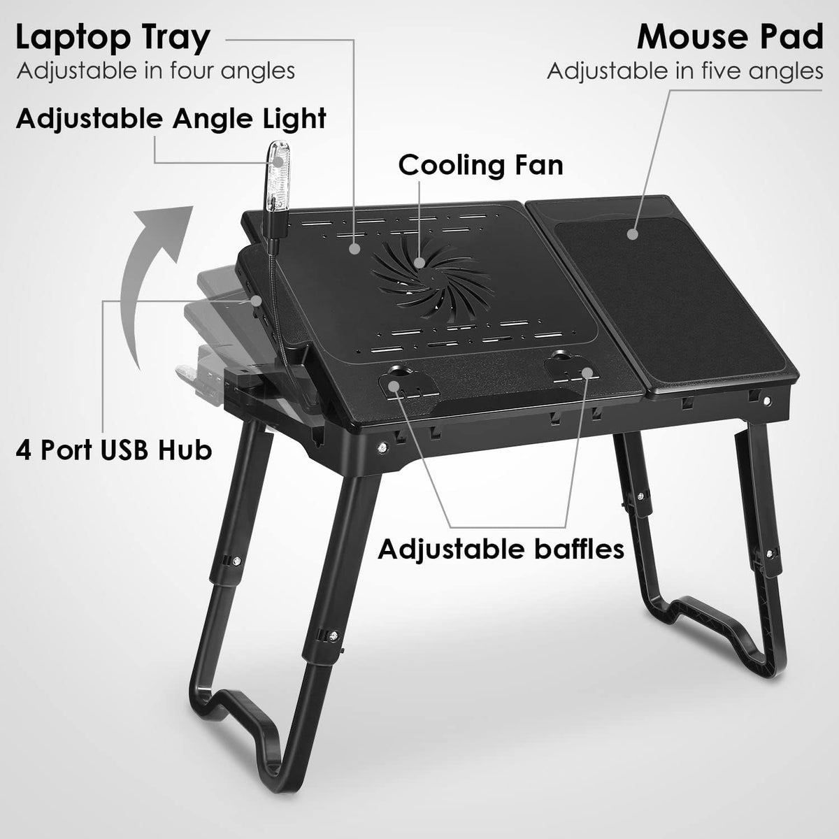 Laptop Table Stand for Bed, Adjustable Laptop Desk for Bed, Portable Desktop Lap Desk with Cooling Fan and 4 USB Port, Foldable Computer Lap Desk for Bed Sofa Couch Floor(Black)
