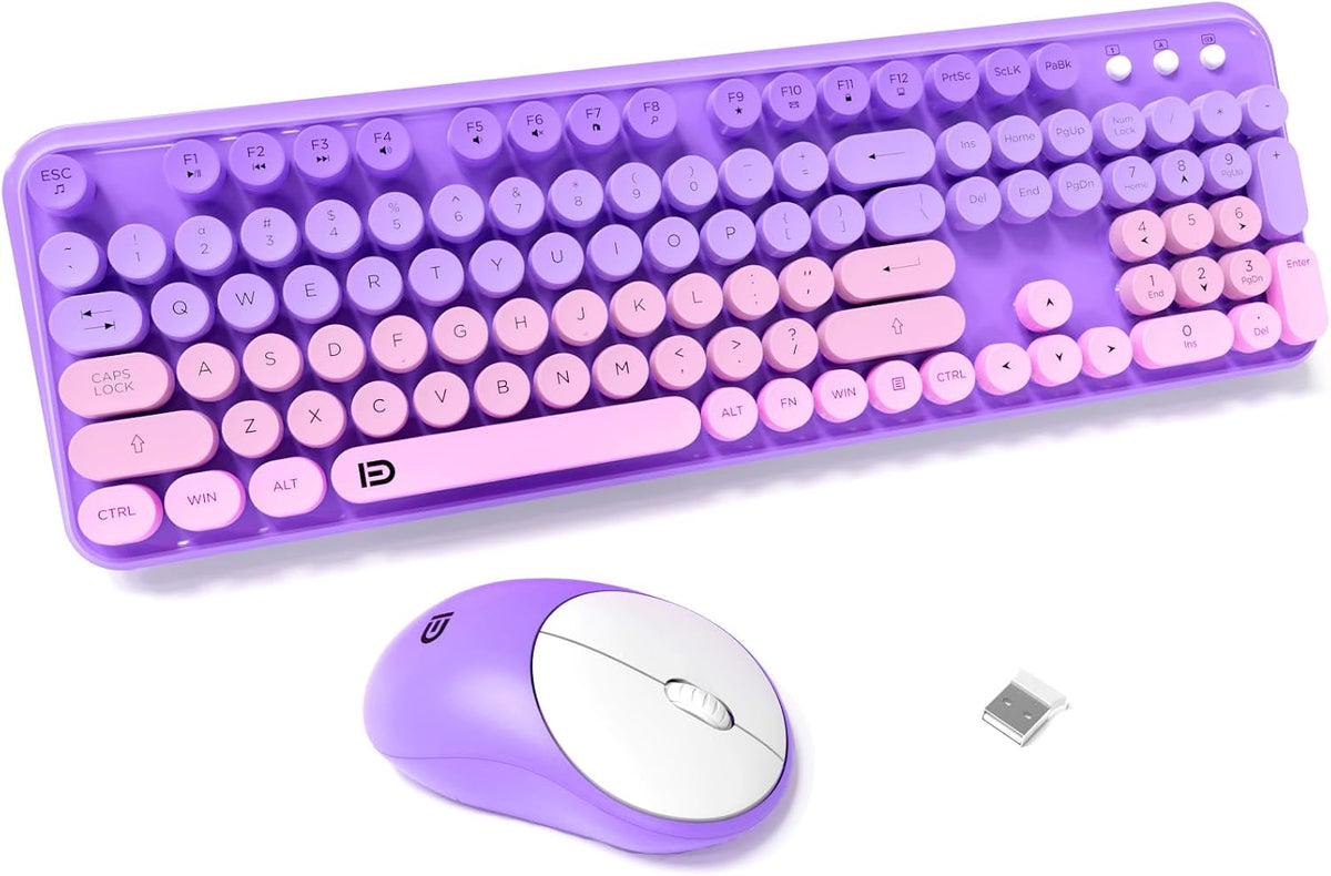 FD Wireless Keyboard and Mouse Combo - 2.4G Full-Sized Cute Colorful Mouse and Keyboard with 104 Round Keys Retro Typewriter Keyboards for Laptop/Windows/PC - Purple Gradient
