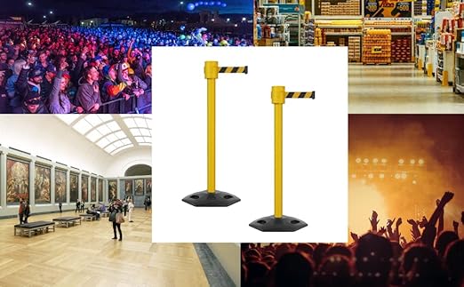 Montour Line MSR760 Set of 2 Retractable Belt Barrier Stanchion, Rubber Base, Yellow Post (35 ft Yellow with "Cleaning in Progress" Black Letters Belt)