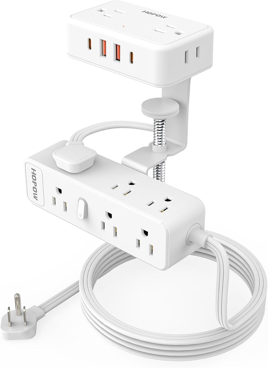 HOPOW Dual Layer Desk Clamp Power Strip, 13 Outlets 4 USB, 10FT Cord, White
