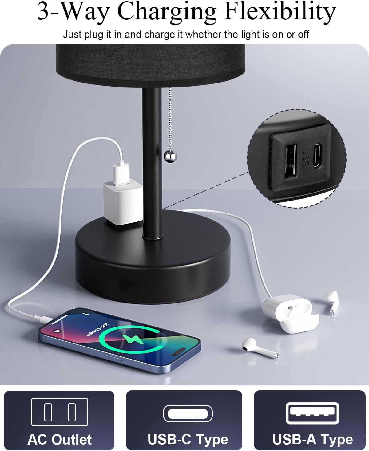 17.4" Black Bedside Table Lamps Set of 2 - Bedroom Lamp, USB C+A, AC Outlet