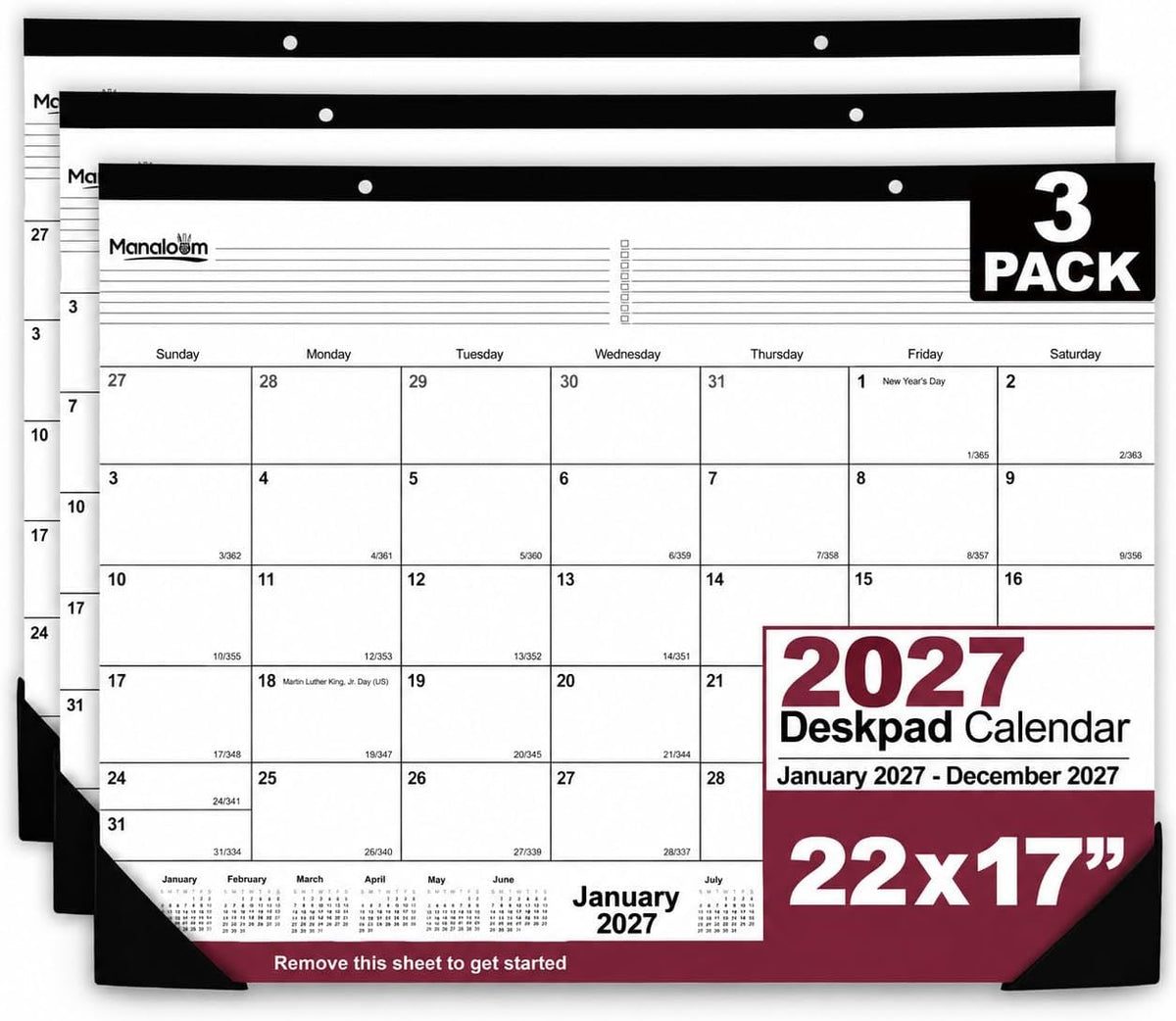 2027 Desk Calendar, Extra Large 22x17 Inch, Desk Pad Calendar, January to December 2027-3 Pack