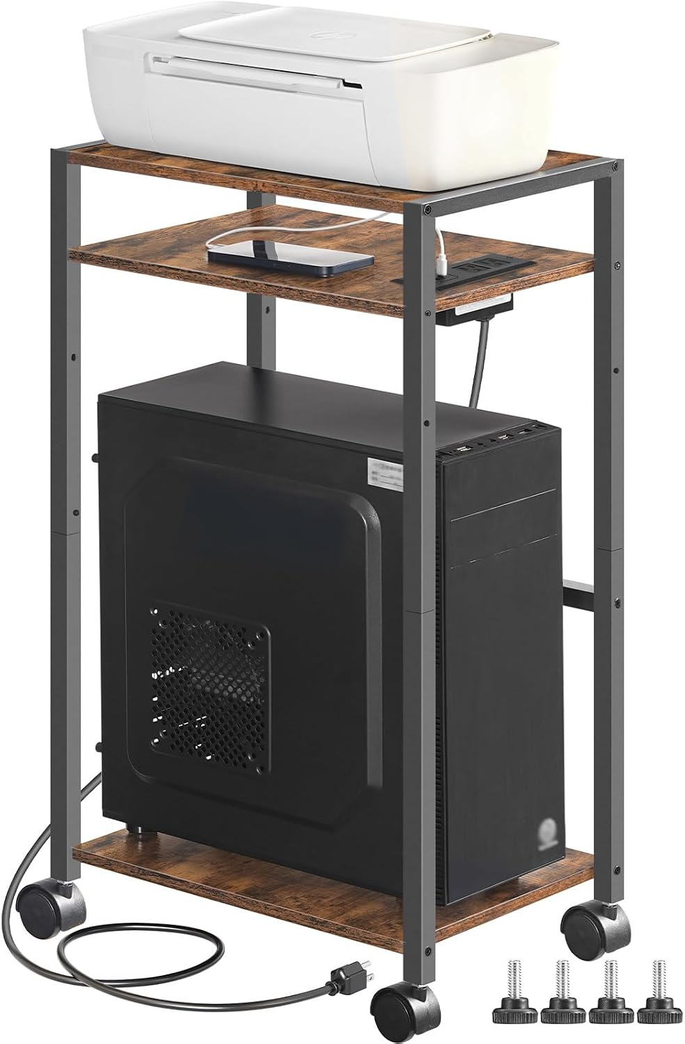 HOOBRO Computer Tower Stand, 3-Tier PC Tower Stand, PC Stand with Charging Station, Mobile CPU Stand Fits Most PC, Adjustable Shelf, for PC Tower, Printer, Home Office, Rustic Brown BF12UCJ01