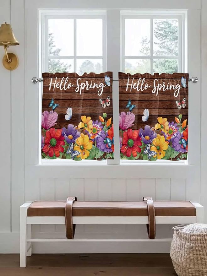 Spring Flowers Half Window Curtain 36 Inches Long, Watercolor Farmhouse