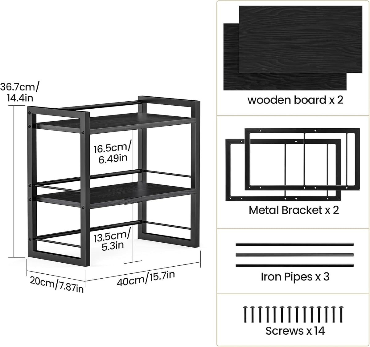 Office Desk Shelf Organizer, Wood Desktop Bookshelf Supplies Storage Rack, Shelf for Top of Desk and Dresser (Pure Black-2 Tier)