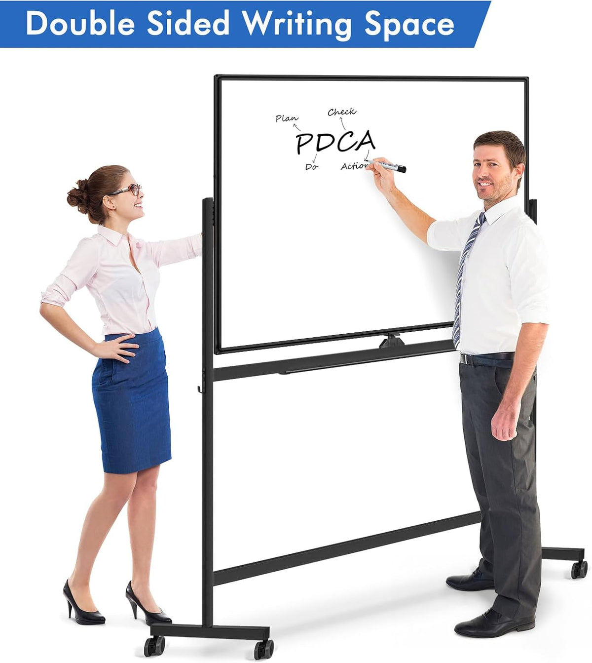 Maxtek Rolling White Board on Wheels 48x36 in, Double-Sided Magnetic Black