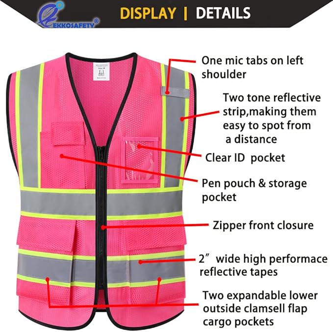 Safety Vest for Men Women,Mesh High Visibility Construction Work Vest with Reflective Strips,Meets ANSI/ISEA Standards(EK175-Mesh-Hot Pink-XL)