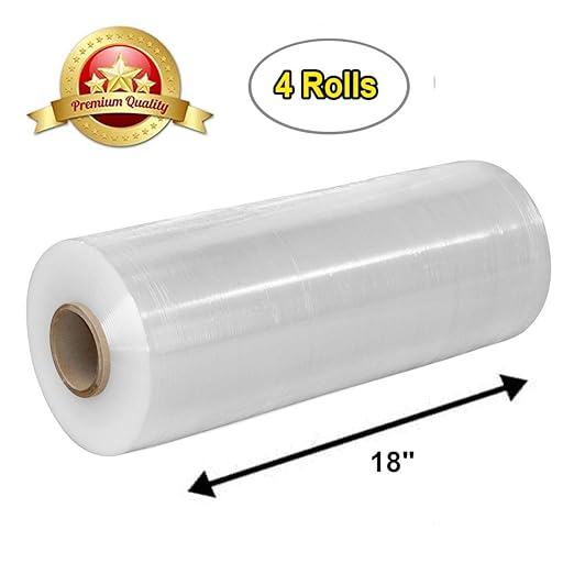 APQ 4 rolls of Cast Hand Stretch Film 18" x 2000'. Hand Stretch Wrap, 60 Gauge Thickness. Excellent Tear Resistance. Clear Residue Free Film for Moving, Shipping, Wrapping. Industrial Grade Cast Film.