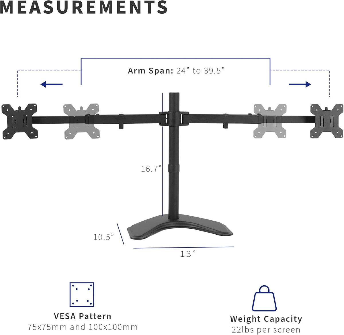 VIVO Premium Dual Ultra Wide LCD LED 27 to 38 inch Monitor Desk Stand, Heavy Duty, Free-Standing Telescoping Arms, Flush Wall Setup, Fits 2 Screens, Black, STAND-TS38B