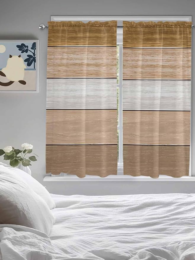 Retro Farm Wood Board Window Valance Curtains, 2 Panel