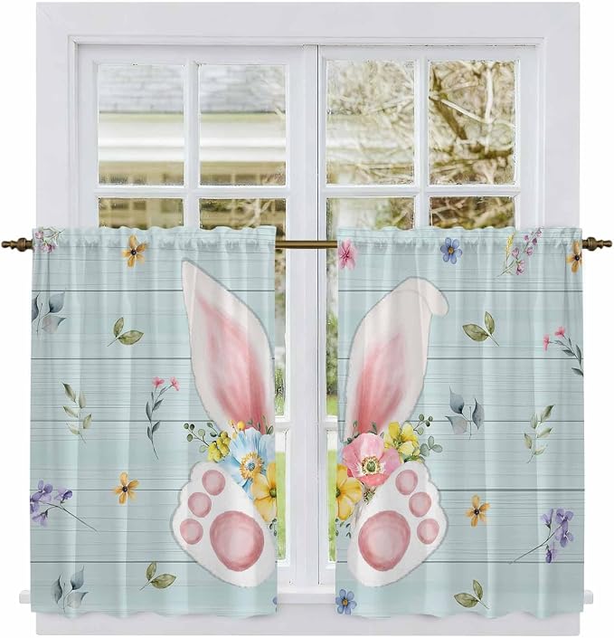 Easter Kitchen Tier Curtains 45 Inch Long 2 Panel Set, Rod Pocket Short Window