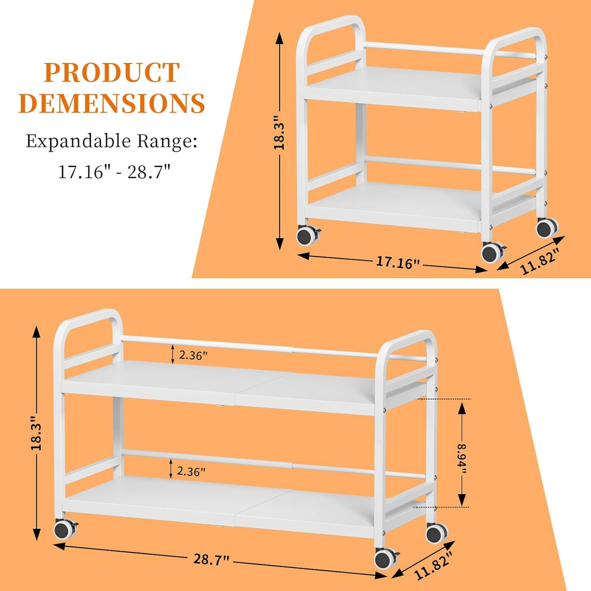 2-Tier Expandable Rolling Cart, Pantry Storage Cart with Wheels, Adjustable Rolling Pantry Floor Organizer