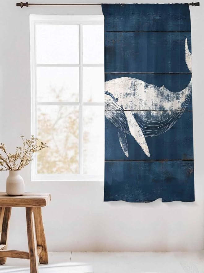 Sheer Curtains 72 Inches Long, Summer Whale Semi Sheer Curtains Light Filtering