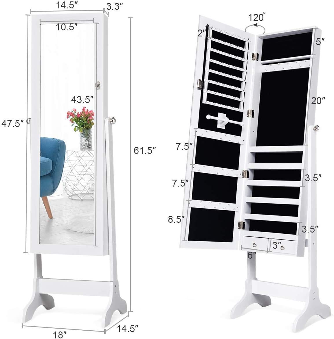 Mirror Wood Standing Jewelry Cabinet, Lockable Standing Jewelry Armoire with Key, Large Storage Capacity Jewelry Cabinet Organizer with 2 Drawers, 4 Angel Adjustable (White)