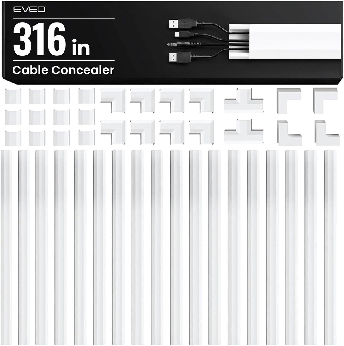 EVEO Cable Hider Wall 306” - Cable Raceway Cord Hider - Wire Covers for Cords on Wall, Cord Cover, Wall Cable Hider, Cable Concealer, Wire Hiders for TV on Wall - 20X (L16 W1.1 H0.55) - Large | White