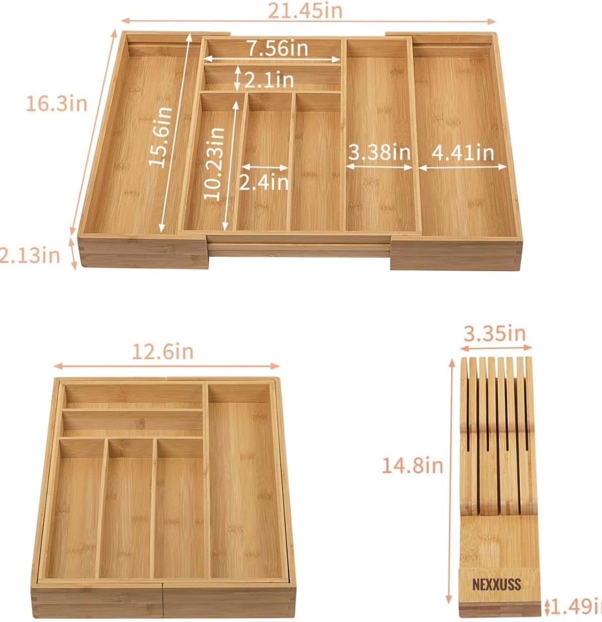 Nexxuss Bamboo Kitchen Drawer Organizer, Expandable Utensil Organizer with Removable Knife Block, Cutlery Tray Holder with Divider, Adjustable Silverware Organizer, Wood Tableware Dividers Storage
