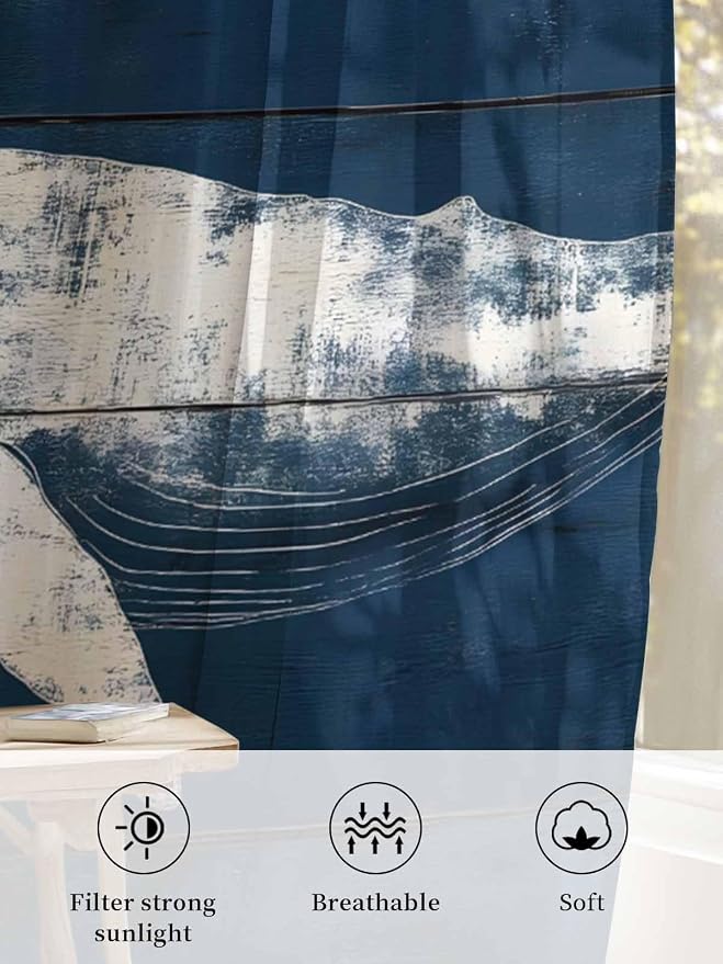 Sheer Curtains 54 Inch Length, Summer Whale Semi Sheer Curtains Light Filtering