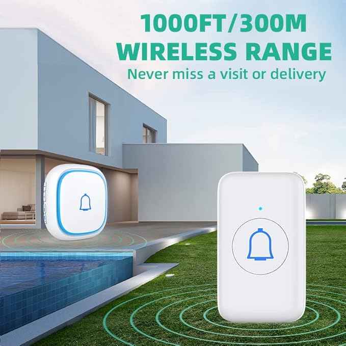 Wireless Doorbell with 2 Receivers IP66 Waterproof 1000ft Range Door Bell