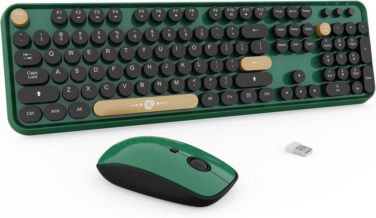 FD Wireless Keyboard and Mouse | Cute Colorful Keyboard and Mouse with 2.4GHz Cordless Retro Typewriter Keyboard | Auto-Sleep | USB Receiver for Windows PC/Laptop - Green Colorful