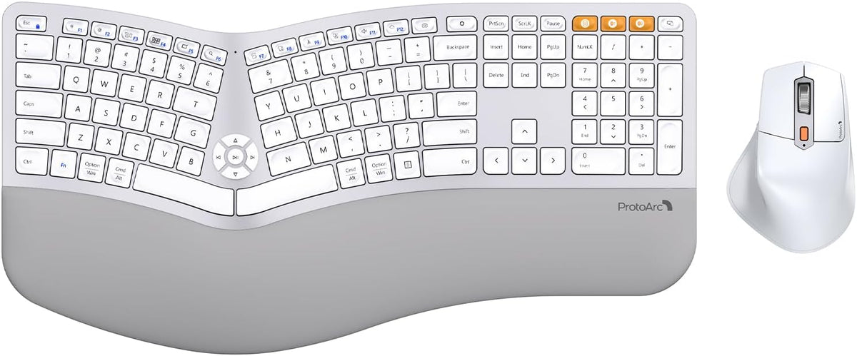 ProtoArc EKM01 Plus Wireless Ergonomic Keyboard Mouse Combo - White Silver