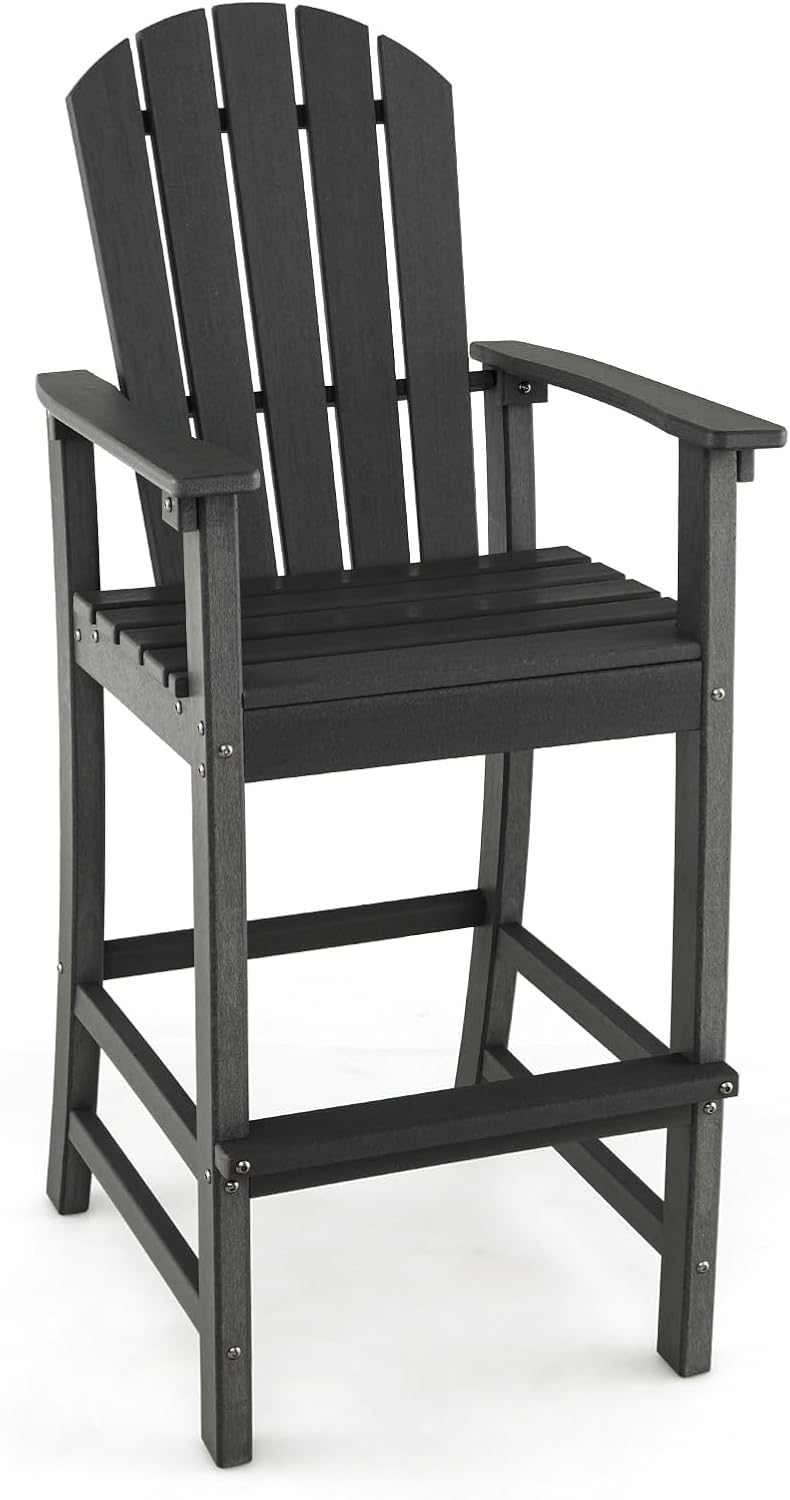 GIANTEX Outdoor HDPE Bar Stool, Tall Adirondack Chair with Armrests and Footrest, 30 Inches Counter Height Bar Stool for Garden, Backyard, Weather Resistance, Easy Maintenance (1, Black)