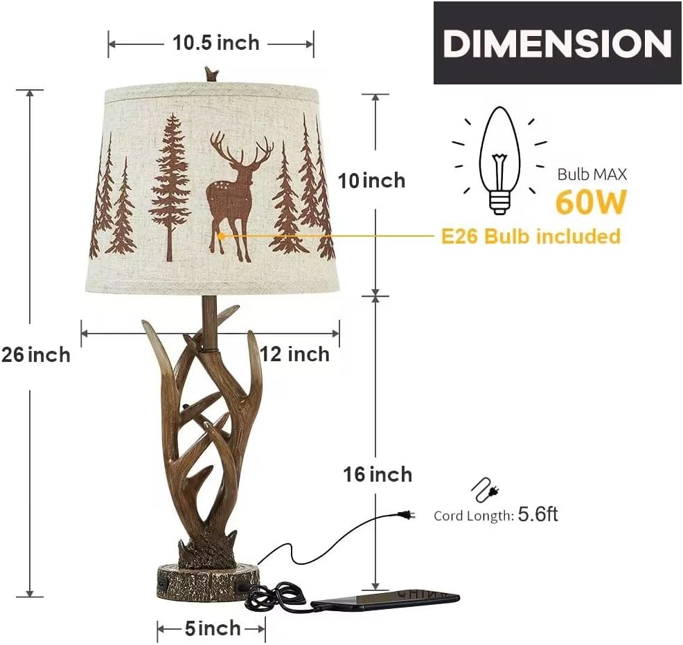 Dungoo 26" Rustic Antler 3-Way Dimmable Table Lamp Set of 2 with 2 USB Port