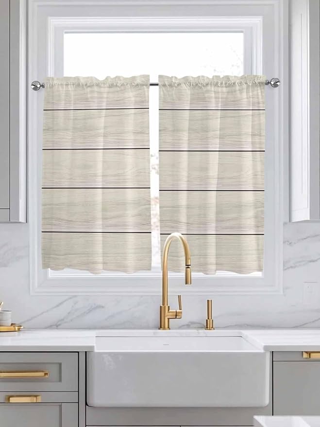 Vintage Country Wooden Board Window Valance Curtains, Gradient Wood Grain Line
