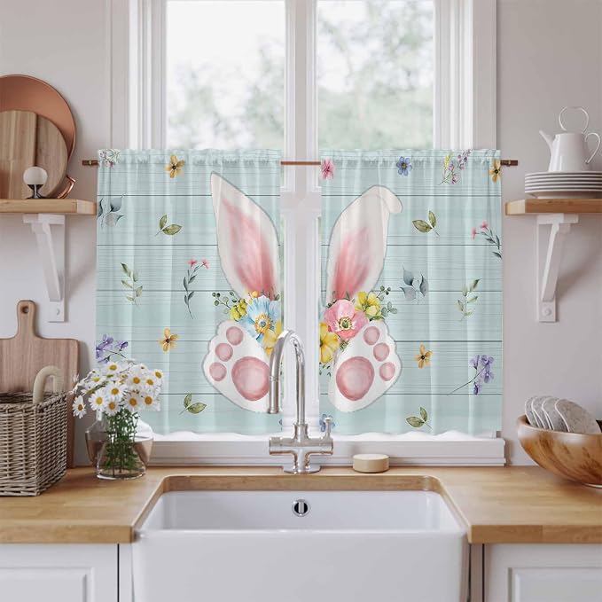 Easter Kitchen Tier Curtains 45 Inch Long 2 Panel Set, Rod Pocket Short Window