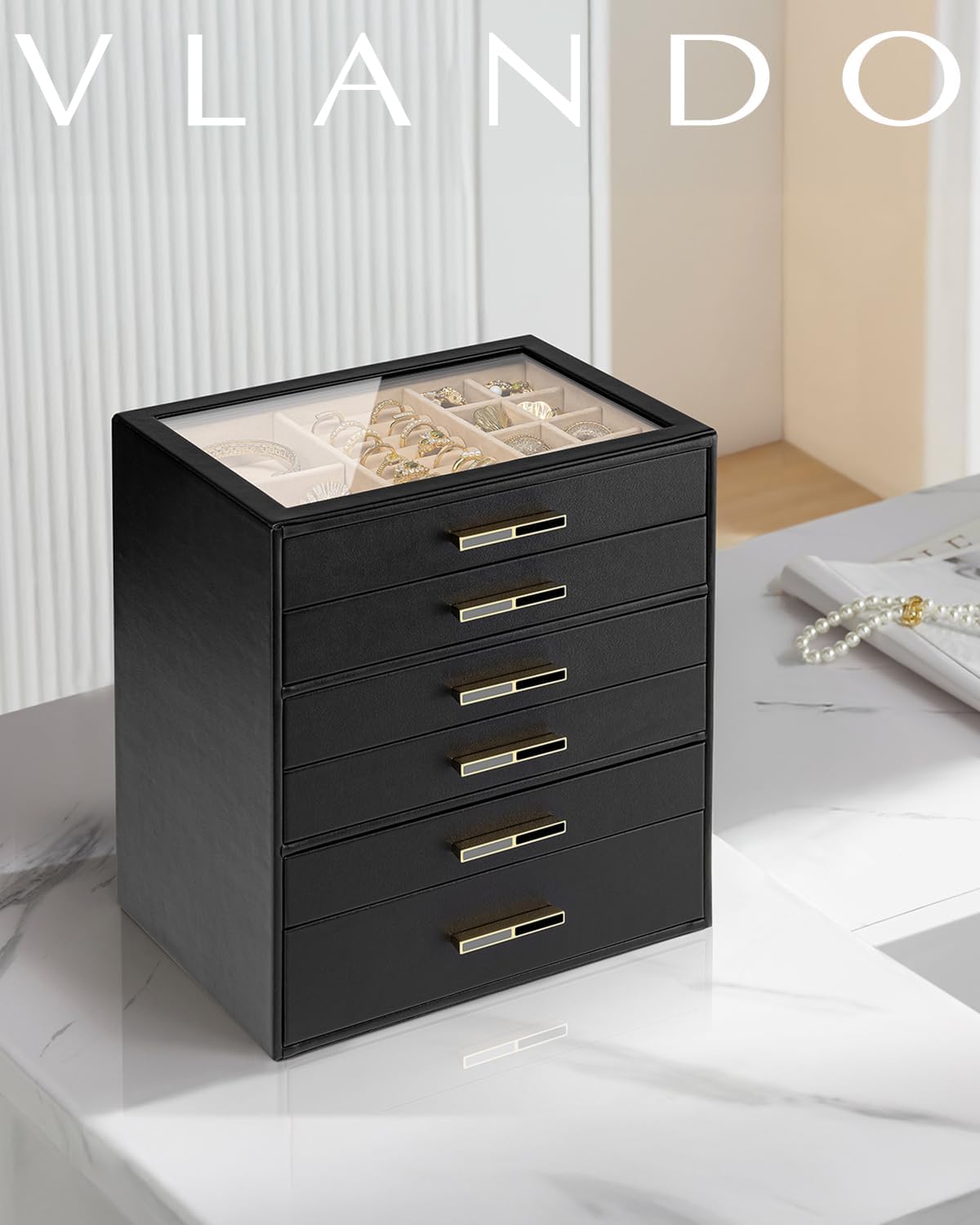 VLANDO 6 Layer Jewelry Box for Women, Glass Lid Jewelry Organizer with 6 Drawers for Necklaces Rings Earrings Bracelets - Black