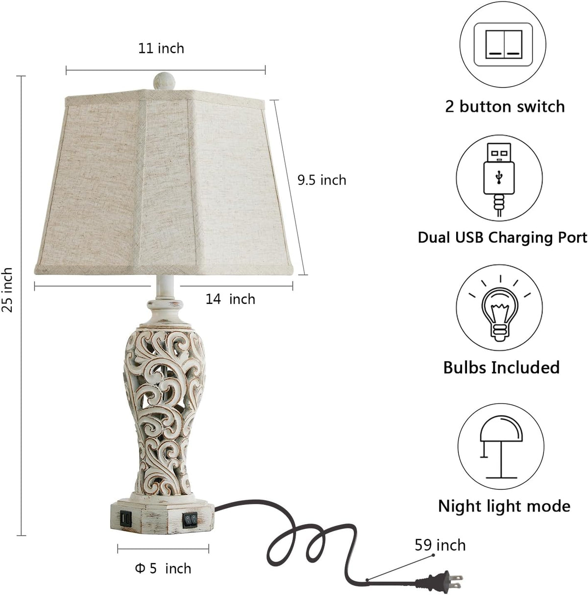 25'' Farmhouse Table Lamp for Living Room Bedroom with USB C+A