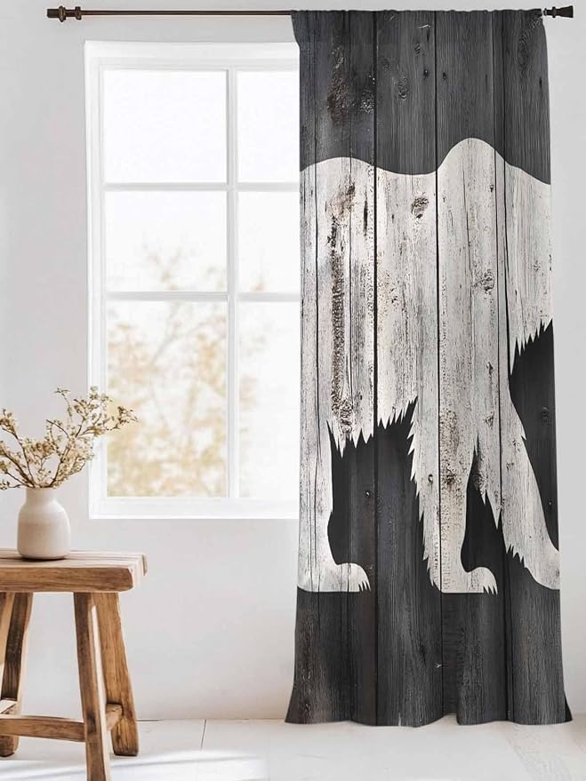Sheer Curtains 108 Inches Long, Farmhouse Country Rustic Wooden Grain Privacy