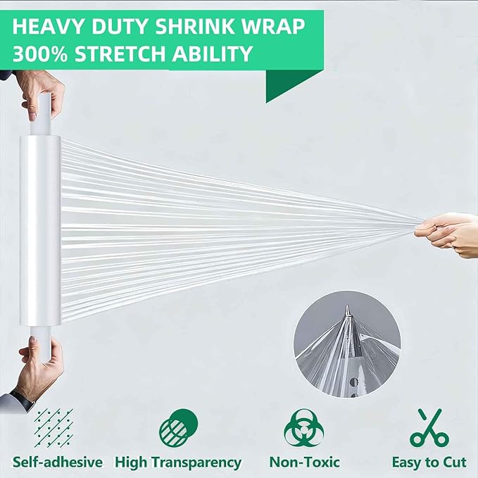 2 Rolls Stretch Film Wrap with Handles 15"x 1200ft, Heavy Duty Clear Plastic Wrap, Shrink Wrap for Pallet Wrap, Moving Furniture, Suitcases, Donations & Storage, Stretch Wrap for Shipping & Travel