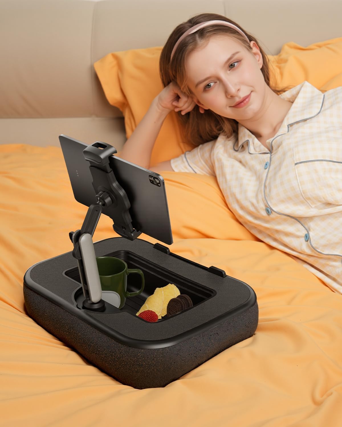 Viozon Kindle Pillow Stand Holder, Phone holder for Bed, Laptop Lap Desk with Mouse Pad,Compatible with 4.7-13" Kindle/Tablet/Phone,10-15"Laptop, Snack Bowl&Cup Attachment&Detachable 360°Stand Arm, B