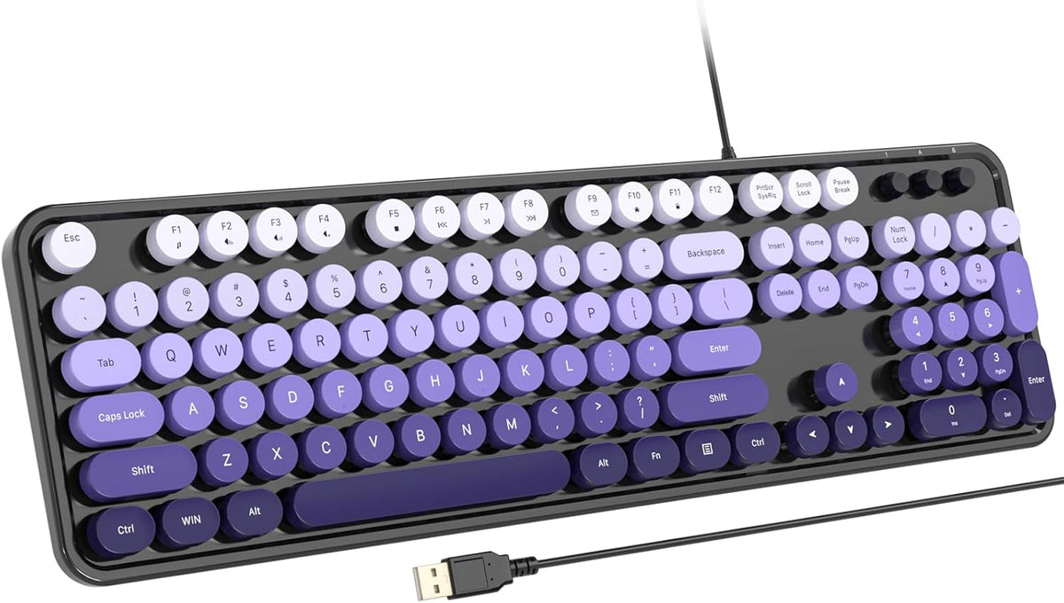 Atelus Computer Keyboard Wired, Retro USB Keyboard with Large Number Pad, Caps Indicators, Foldable Stands, Full Size Typewriter Keyboard for Windows PC Laptop (Black Purple)