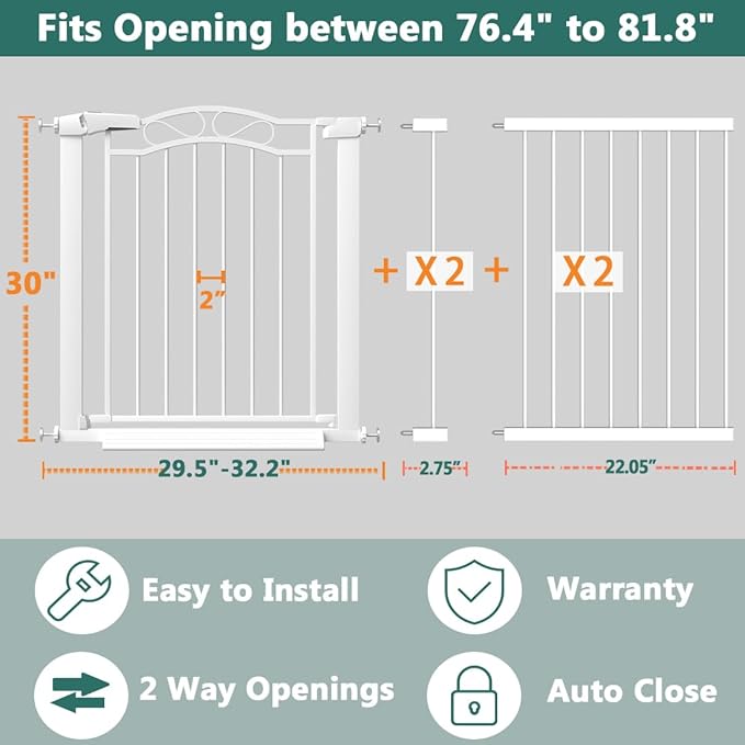 Fairy Baby 76.4"-81.8" Extra Wide Baby Gate Indoor for Stairs, Pressure Mounted Long Dog Gates for Doorways Walk Thru No Drill Pet Gates Child Safety Gate, White