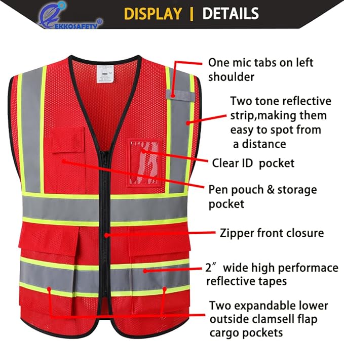 Reflective Mesh Safety Vest for Men Women with 5 Pockets and Zipper Front High Visibility Vest Hi Vis Construction Work Vest,Meets ANSI/ISEA Standards(EK175-Red-L)