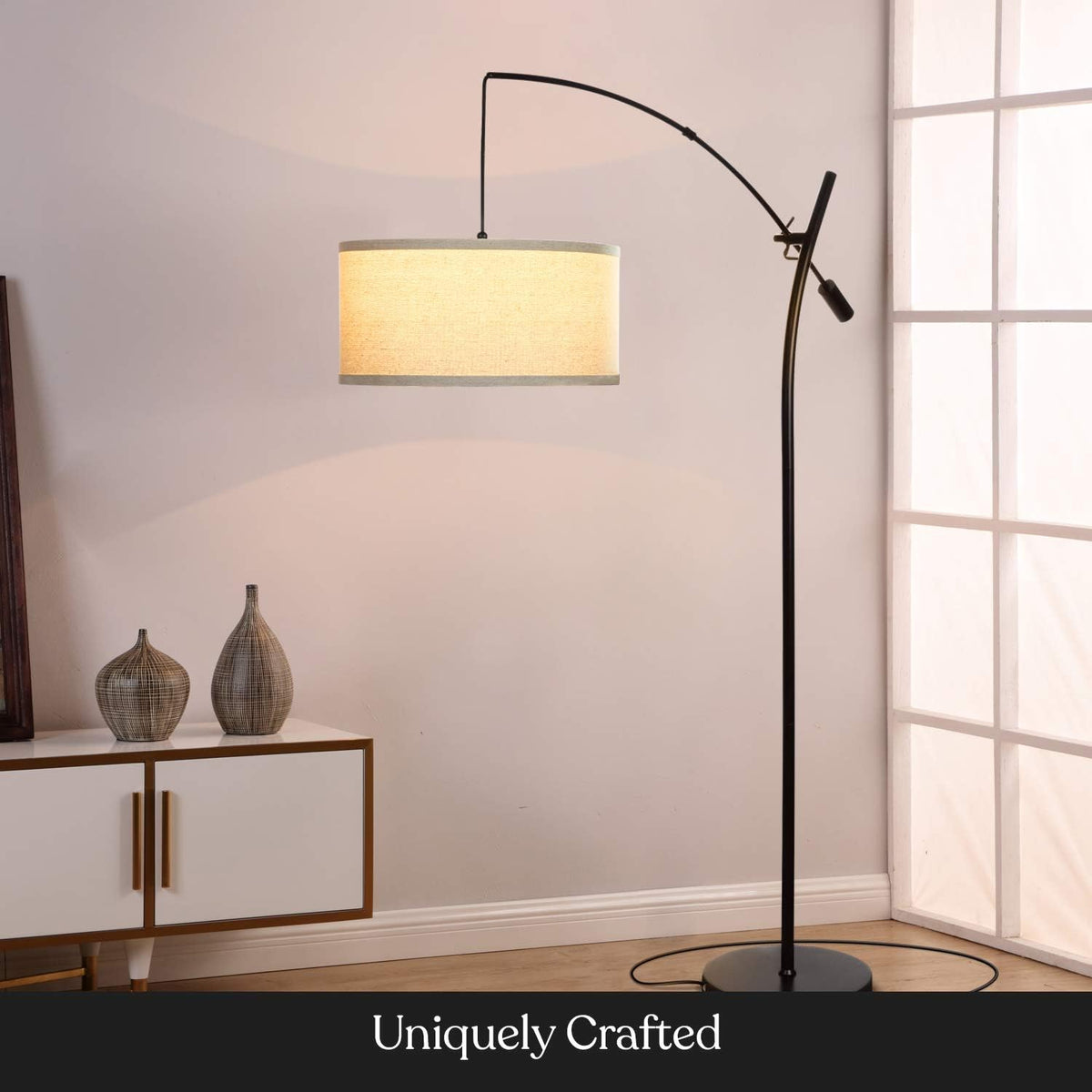 Brightech Grayson LED Arc Floor Lamp for Office & Living Room, Adjustable Arm Lamp in Industrial Style for Bedroom Reading - Black