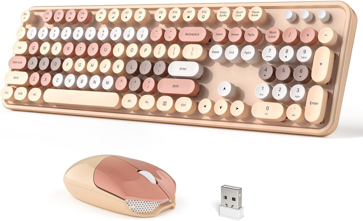 Dilter Wireless Keyboard and Mouse Combo, 104 Keys Full-Sized 2.4 GHz Round Keycap Colorful Keyboards, USB Receiver Plug and Play, for Windows, PC, Laptop, Desktop (Milk Tea)