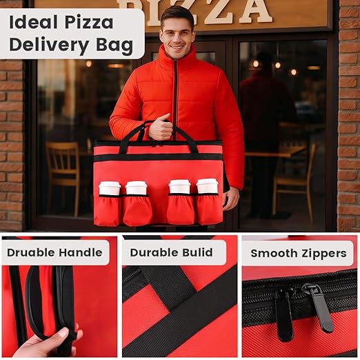 Insulated Food Delivery Bag with 4 Cup Holders, XX-Large Insulated Grocery Bags Keep Food Hot/Cold, Cooler Bags with Drink Carrier, Food Carrier Catering Bag, Commercial Food Warmer Bag, Red